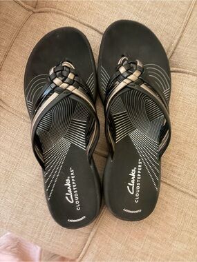 Clarks Black and Silver Braided Thong Sandals